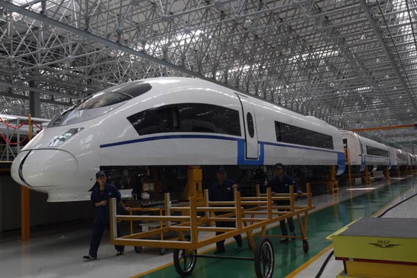 A high-speed train at a workshop of China North Locomotive and Rolling Stock Industry (Group) Corp in Changchun, Jilin province.[Provided to China Daily]