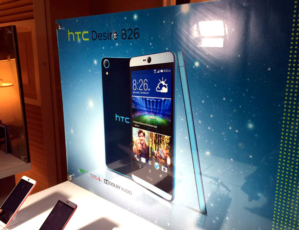 An HTC Desire 826 poster displayed at the press room in Las Vegas, Nevada, on January 6, 2015. The new smartphone was announced one day ahead of the International CES 2015. [Eric Jou/chinadaily.com.cn]