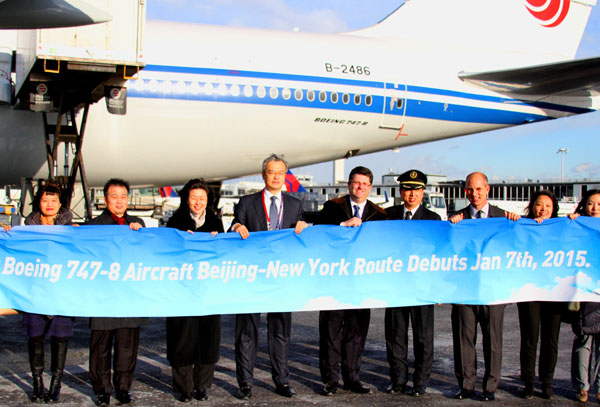 Air China's new Boeing 747-8 aircraft debuts internationally on the Beijing-New York route on Wednesday in New York. Hu Haidan / China Daily.