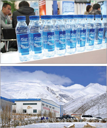 Top: Tibet 5100's bottled mineral water is on display during a promotion in Beijing in 2012. Below: The company's workshops in Tibet. The source of the water is the Qu Ma Nong Spring, which is 5,100 meters above sea level. Photos Provided to China Daily