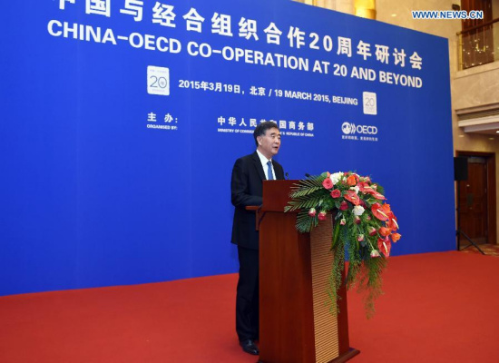 Chinese Vice Premier Wang Yang speaks during the opening ceremony of China-OECD Co-operation at 20 and Beyond Seminar in Beijing, capital of China, March 19, 2015. (Xinhua/Zhang Duo)