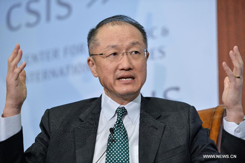 World Bank President Jim Yong Kim gives a public address at the Center for Strategic and International Studies (CSIS) in Washington D.C., capital of the United States, April 7, 2015.  (Xinhua/Bao Dandan)