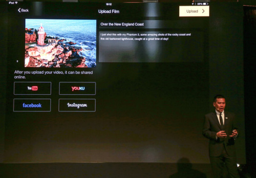 Eric Chang, Director of Aerial Imaging, speaks at a product release event held on April 8, 2015 in New York by Chinese drone maker DJI. (Photo provided to chinadaily.com.cn) 