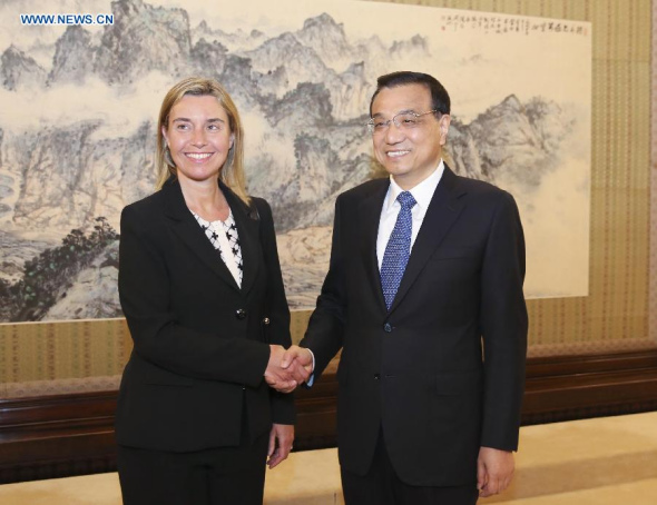Chinese Premier Li Keqiang (R) meets with Federica Mogherini, European Union (EU) High Representative for Foreign Affairs and Security Policy and Vice President of the European Commission, in Beijing, capital of China, May 6, 2015. (Xinhua/Ding Lin)