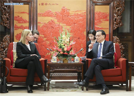 Chinese Premier Li Keqiang (R, front) meets with Federica Mogherini, European Union (EU) High Representative for Foreign Affairs and Security Policy and Vice-President of the European Commission, in Beijing, capital of China, May 6, 2015. (Photo/Xinhua)