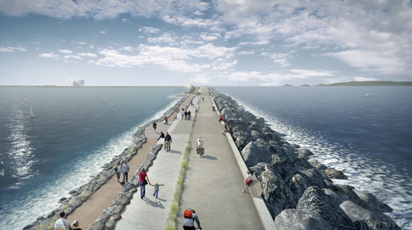 A handout image received from Tidal Lagoon Swansea Bay Plc shows a computergenerated impression of the proposed lagoon wall in Swansea Bay.(Photo provided to China Daily)