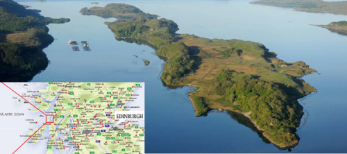 A view of the UK island, which was put up for auction on Taobao.com on March 3, 2015, in this undated photo, with an inset map of the island's location. (Photo/paipai.taobao.com)