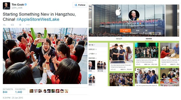 Screenshots show the tweets posted on Twitter account (left) and Weibo account of Tim Cook, CEO of Apple Inc. The overall tweets on both social media platform present the face-to-face communication between the boss of the world's first publicly traded companies by market share and his customers.