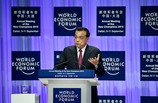 Premier Li Keqiang speaks at the Annual Meeting of the New Champions of the World Economic Forum in Dalian, Liaoning province on September 10, 2015. (Photo provided to China Daily)