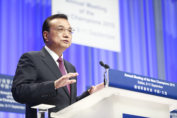 Premier Li Keqiang speaks at the Annual Meeting of the New Champions of the World Economic Forum in Dalian, Liaoning province on September 10, 2015. (Photo provided to China Daily)