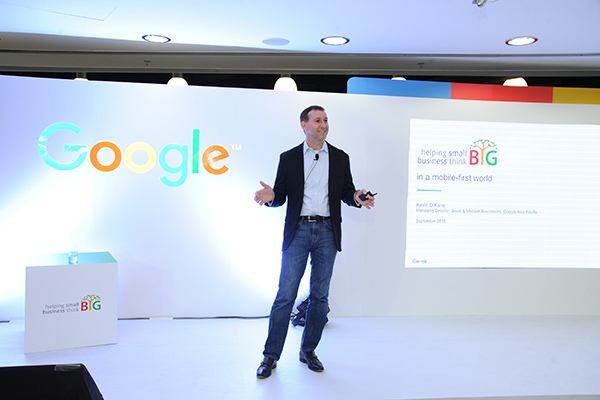 Kevin O'Kane, Google's managing director of small and medium business for Google Asia-Pacific, delivers a keynote speech on Sept 17, 2015, during a SMEs' exhibition held in Hong Kong. (Photo provided to chinadaily.com.cn)
