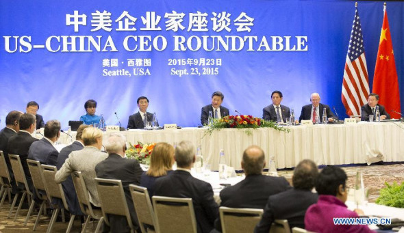 Chinese President Xi Jinping(C back) speaks at a China-U.S. CEO roundtable discussion in Seattle, the United States, Sept. 23, 2015. (Photo: Xinhua/Huang Jingwen)