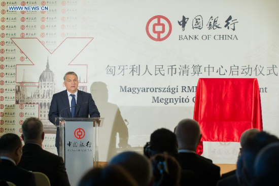 Hungarian Prime Minister Viktor Orban speaks during a ceremony to launch the Renminbi (RMB) clearing center of the Bank of China, in Budapest, Oct. 2, 2015. Bank of China officially launched its Renminbi (RMB) clearing center in Budapest on Friday. (Xinhua/Attila Volgyi)