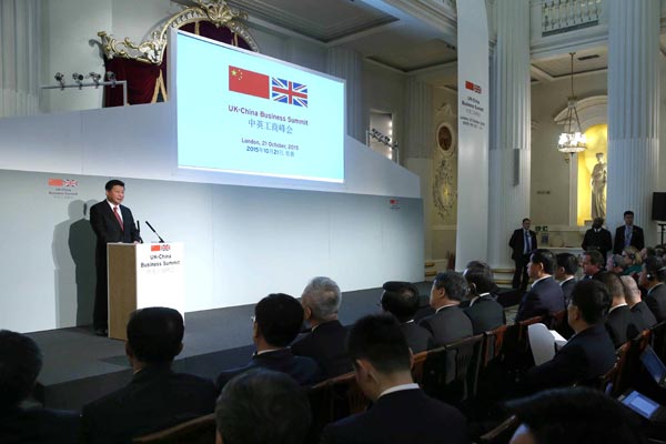Chinese President Xi Jinping delivers a speech at the UK-China Business Summit in London Oct 21, 2015.(Photo/Xinhua)