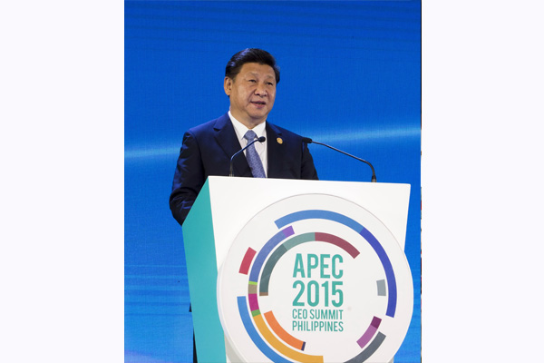 President Xi Jinping addresses the Asia-Pacific Economic Cooperation CEO Summit, saying that China will step up reforms of the foreign investors management system and substantially cut back on market access restrictions for foreign investment. (Photo by Li Xueren/Xinhua)