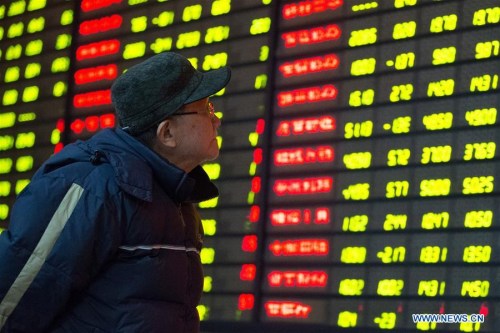 An investor looks at an electronic stock indicator of a securities firm in Nanjing, capital of east China's Jiangsu Province, Feb. 15, 2016. China's stocks closed lower on Monday, with the benchmark Shanghai Composite Index down 0.63 percent, to close at 2,746.2 points. The smaller Shenzhen index closed 0.05 percent lower at 9,668.84 points. (Photo: Xinhua/Su Yang)