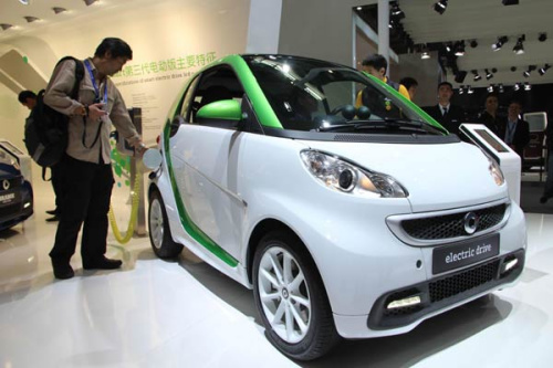 A new electric car is on show in Beijing. Photo/China Daily