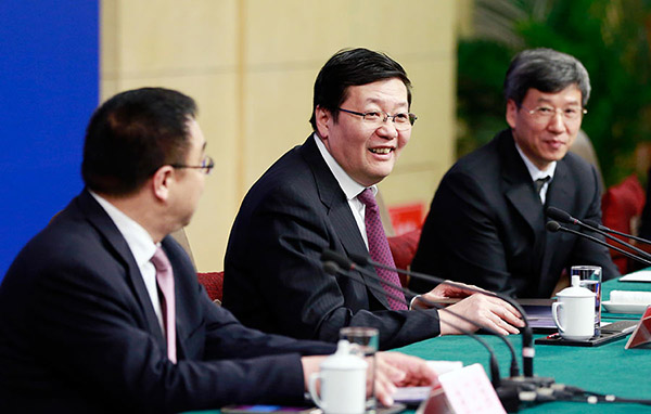 Minister of Finance Lou Jiwei gives a press conference at the press center of the two sessions, March 7, 2016, Beijing. (Feng Yongbin/chinadaily.com.cn)