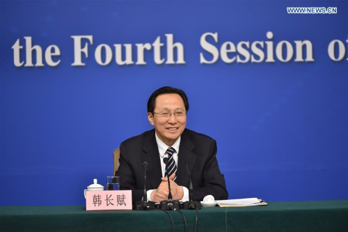 Chinese Minister of Agriculture Han Changfu gives a press conference on the sidelines of the fourth session of China's 12th National People's Congress in Beijing, capital of China, March 7, 2016. (Xinhua/Li Xin)
