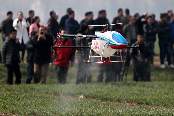 A drone for agricultural use on display in Anhui province. (Photo/China Daily)