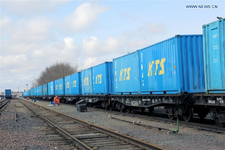 The Chang'an cargo train leaves the train station at the town of Dostyk, Kazakhstan, March 20, 2016. (Photo: Xinhua/Zhou Liang)