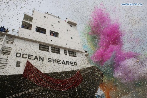  Photo taken on April 27, 2016 shows the livestock carrier Ocean Shearer at its unveiling ceremony in Dalian, northeast China's Liaoning Province. The ship is 189.5 meters long, 31.1 meters wide and and 24.33 meters in moulded depth. Constructed by Cosco Shipyard in Dalian, it is the current largest livestock carrier built in a Chinese shipyard, which could accommodate about 17,000 live cattle. (Photo: Xinhua/Ding Hongfa) 
