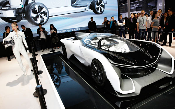 A new-energy car developed by LeEco on display at an auto show in Beijing last month. LeEco will establish its North American headquarters in San Jose, which will also be the future home of its self-driving R&D center.(Photo/China Daily)