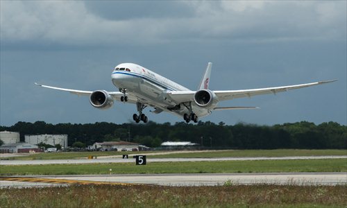 A Boeing 787-9 takes off from the aircraft's manufacturing base in the U.S. in May. (Photo/Courtesy of Boeing)