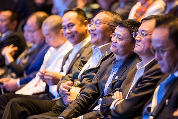 Jack Ma (third from right), executive chairman of Alibaba Group Holding Ltd, seen among Chinese tech millionaires during the opening ceremony of an academic symposium in Hangzhou, Zhejiang province. (Xu Kangping/For China Daily)