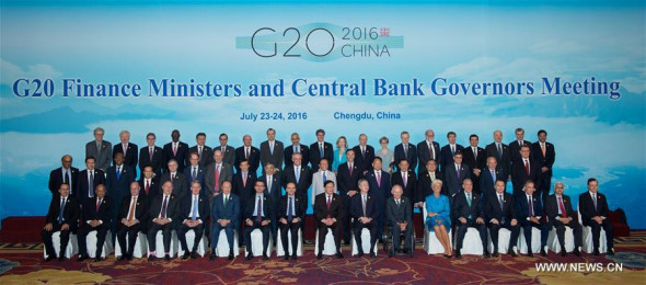 Participants pose for a group photo during a meeting of G20 finance ministers and central bank governors in Chengdu, capital of southwest China's Sichuan Province, July 24, 2016. (Xinhua/Jiang Hongjing)