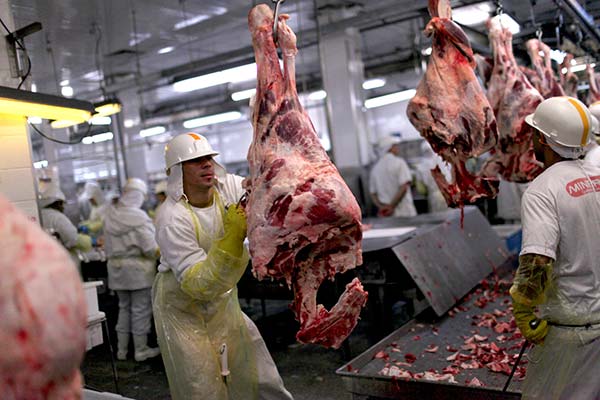Workers process meat on a production line at the Minerva SA meat processing plant in Barretos, Brazil. (Provided to China Daily)