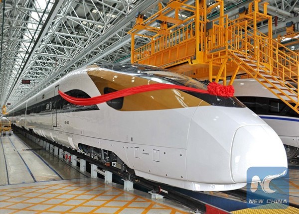 Photo taken on June 25, 2015 shows a China Standard high-speed train at the manufactory of China CNR Changchun Railway Vehicles Co., LTD in Changchun, capital of northeast China's Jilin Province. (Xinhua/Zhang Nan)