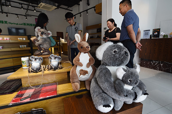 Customers look for merchandise at a store featuring Australian products at the cross-border trading town. (Photo/Xinhua)