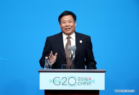 China's Vice Finance Minister Zhu Guangyao speaks at a press conference on G20 and global growth as well as global economic governance in Hangzhou, capital of east China's Zhejiang Province, Sept. 2, 2016. (Xinhua/Chen Jianli)