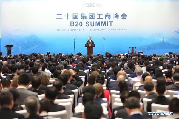 Chinese President Xi Jinping delivers a keynote speech at the Business 20 (B20) summit in Hangzhou, capital of east China's Zhejiang Province, Sept. 3, 2016. (Xinhua/Yao Dawei)
