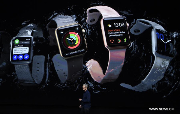 Apple CEO Tim Cook introduces the new Apple Watch Series 2 during an Apple special event in San Francisco, the United States, Sept. 7, 2016. (Xinhua)