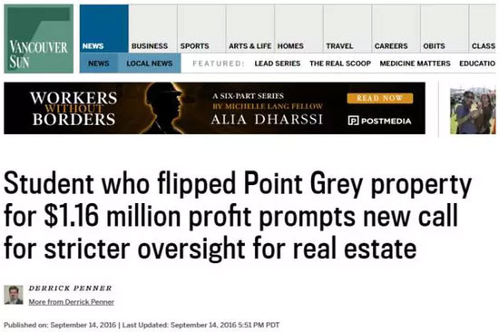A screen shot of Vancouver Sun's official website covering the current real estate situation.