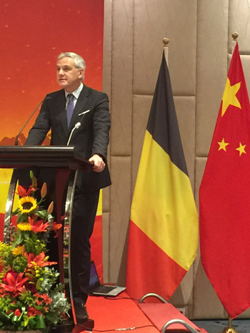 Belgium's Deputy Prime Minister Kris Peeters told Friday's Belt and Road forum held in Brussels that Belgium is expected to become the member of China-backed Asian Infrastructure Investment Bank next year. (Fu Jing for China Daily)