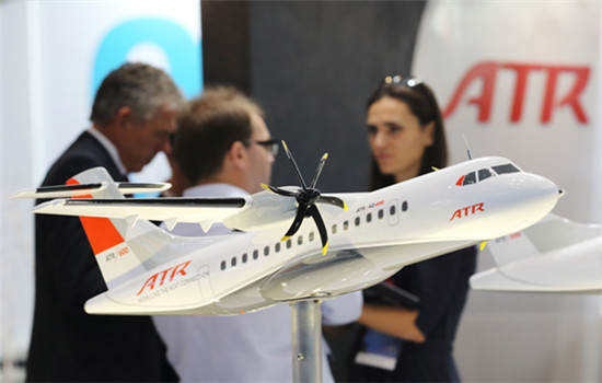 A model of an ATR regional turboprop aircraft on display in Beijing. (Provided to China Daily)