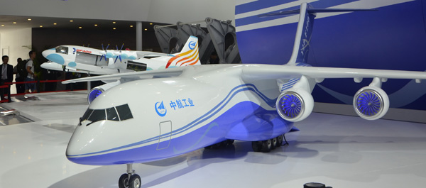 A model of the Y-20F-100 is displayed at the 11th China International Aviation and Aerospace Exhibition in Zhuhai, Guangdong province, earlier this month. (Photo provided to China Daily)