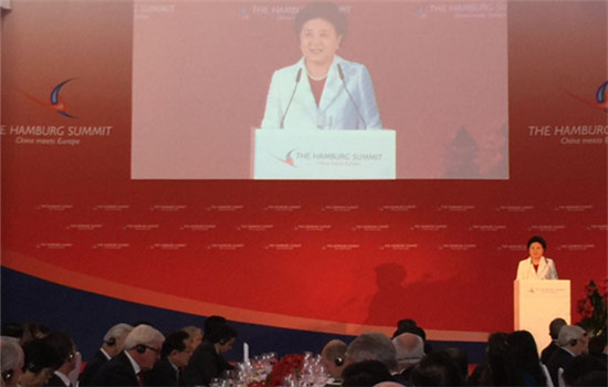 Visiting Chinese Vice-Premier Liu Yandong urged the EU to promote free trade and abandon protectionism at Hamburg summit. (Photo by Fu Jing/chinadaily.com.cn)