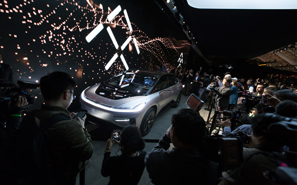 FF91, the new EV made by Faraday Future, is on display after the launch ceremony held in January 3, 2017 in Las Vegas. (Photo provided to chinadaily.com.cn)