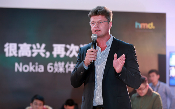 HMD Global chief executive officer Arto Nummela delivers a keynote speech at the launch ceremony of Nokia 6 held in Beijing, January 11, 2017. (Photo provided to chinadaily.com.cn)