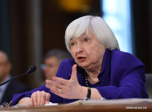 U.S. Federal Reserve chairwoman Janet Yellen testifies before the Senate Banking, Housing and Urban Affairs Committee on the Semiannual Monetary Policy Report to the Congress, at Capitol Hill in Washington D.C., the United States, Feb. 14, 2017. (Xinhua/Bao Dandan)