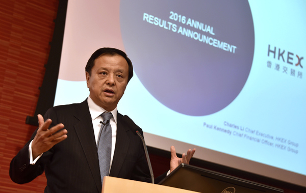 Chief executive of the Hong Kong Exchanges & Clearing Ltd Charles Li Xiaojia speaks at a press conference in Hong Kong, Feb, 27, 2017. (Photo/Xinhua)