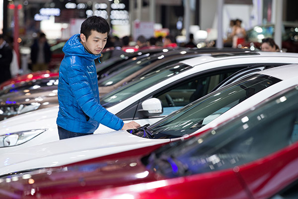 A man examines cars on display at a dealership in Nanjing, Jiangsu province. This year, dealers are less confident in future sales due to inventory levels and other concerns. (Photo/China Daily)