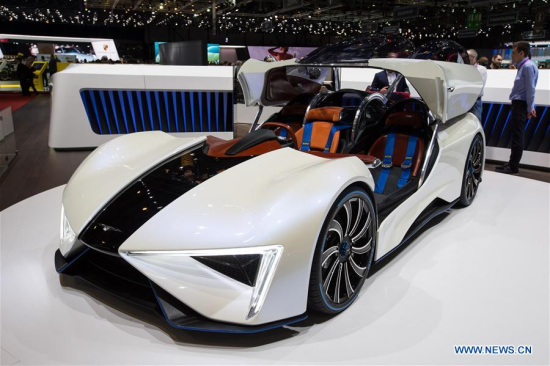 A Techrules Ren concept car of Chinese electric-carmaker Techrules is seen on the second press day of the 87th International Motor Show in Geneva, Switzerland, on March 8, 2017. (Xinhua/Xu Jinquan)