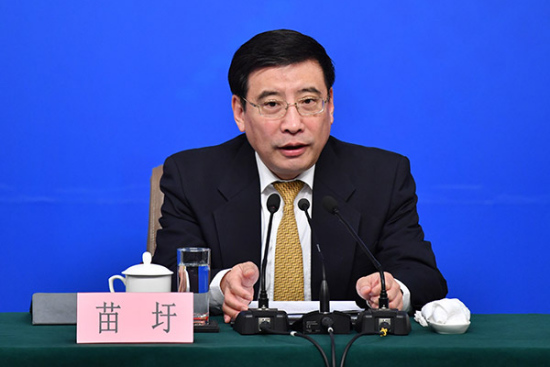 Miao Wei, minister of industry and information technology, answers questions at a press conference for the fifth session of the 12th NPC in Beijing, capital of China, March 11, 2017. (Photo/Xinha)