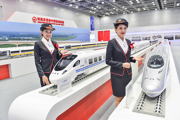 Models display CRRC trains at an industry expo in Kuala Lumpur, Malaysia. (Photo/Xinhua)