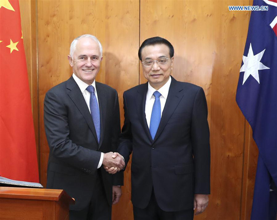 Chinese Premier Li Keqiang (R) and Australian Prime Minister Malcolm Turnbull hold talks in Canberra, Australia, March 23, 2017. (Xinhua/Pang Xinglei) 